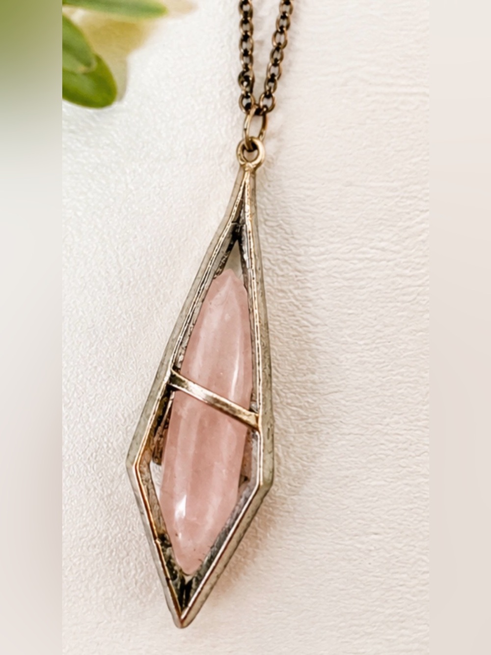 Rose Quartz Geometric Pendant Necklace | Adjustable 17.5”-21” Silver Tone